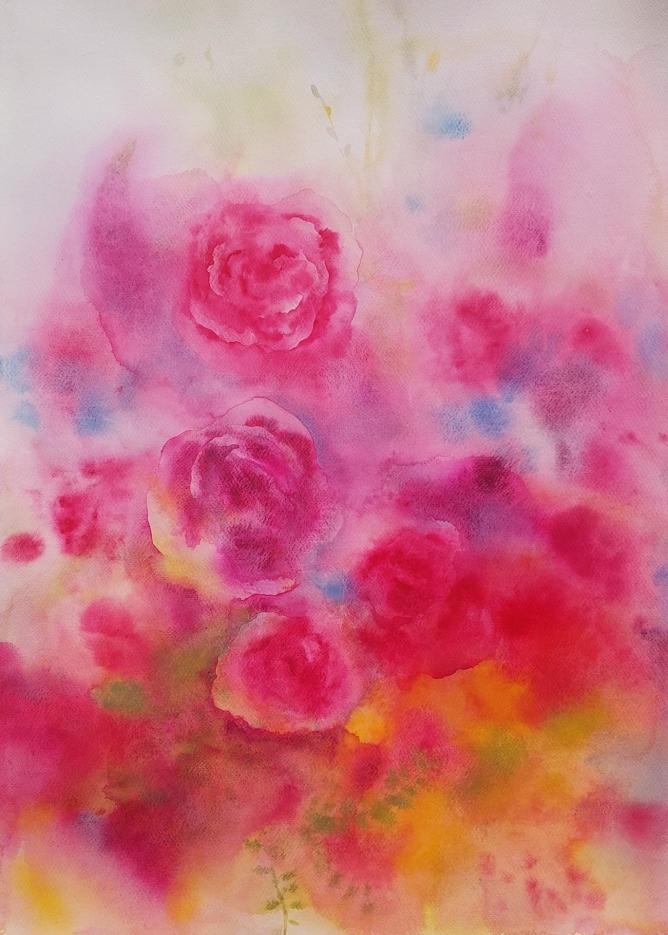 Narozeninová kytice, 50 × 70 cm, akvarel na papíře, 2025
